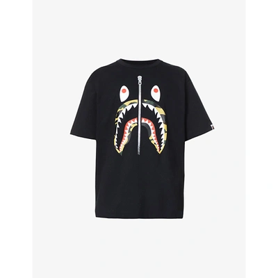 Shop A Bathing Ape Mens Black X Yellow Shark-print Cotton-jersey T-shirt M