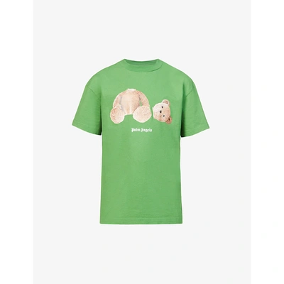 Shop Palm Angels Mens Green Brown Bear-print Crewneck Cotton-jersey T-shirt Xs