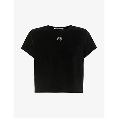Shop Alexander Wang Womens Black Logo-embellished Cotton-blend Velour T-shirt Xl