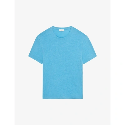 Shop Sandro Mens Pastel Blue Crewneck Linen-jersey T-shirt Xs