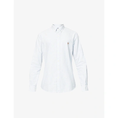 Shop Polo Ralph Lauren Men's Bsr Blue/white Stripe Long-sleeved Button-down Slim-fit Cotton Oxford Shirt