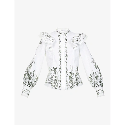 Shop Erdem Womens Wht Grn Floral-print Frilled Linen Shirt 8