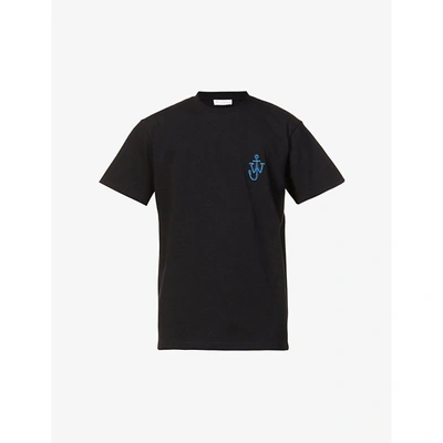 Shop Jw Anderson Mens Black Anchor Brand-embroidered Cotton-jersey T-shirt M