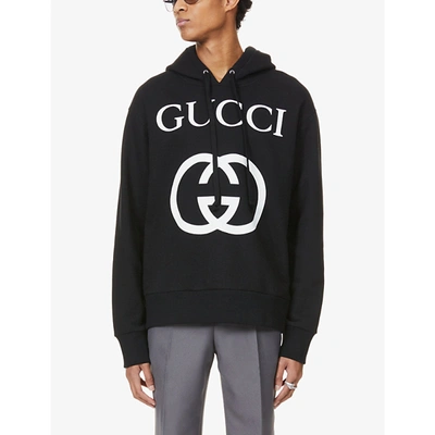 Shop Gucci Mens Black Ivory Logo-print Cotton-jersey Hoody S