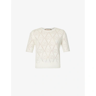 Shop Gucci Womens Ivory Gg-perforated Wool Top M
