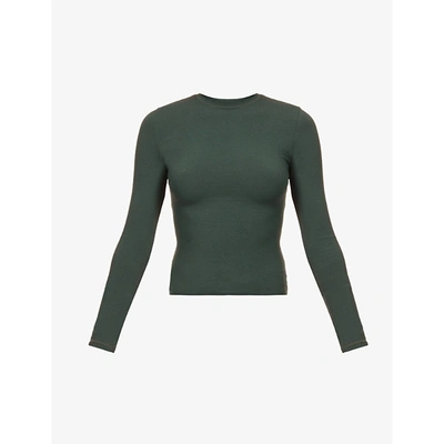 Shop Skims Womens Deep Sea Round-neck Long-sleeve Stretch-cotton Jersey Top Xl