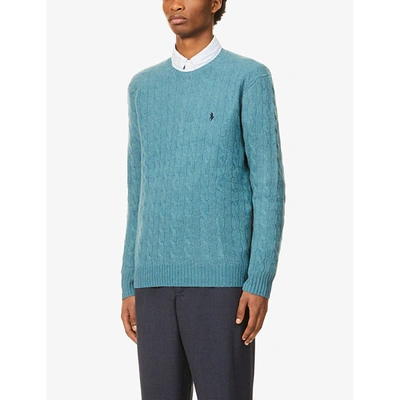 Shop Polo Ralph Lauren Mens Blue Heather Logo-embroidered Cable-knit Wool And Cashmere-blend Jumper M