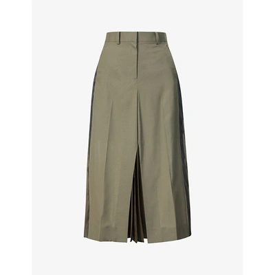 Shop Sacai Womens Khaki Hybrid High-waist Woven And Satin Midi Skirt 0