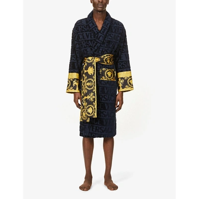 Versace Logo And Baroque-print Cotton-terry Dressing Gown In Navy | ModeSens