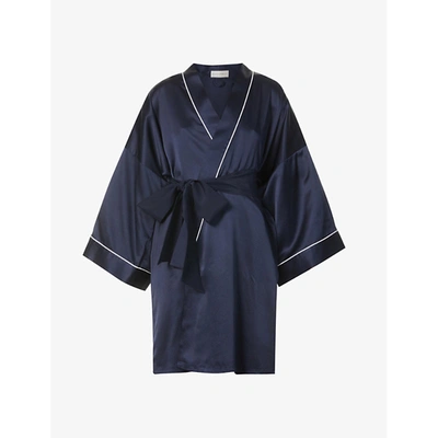 Shop Olivia Von Halle Womens Navy Ivory Core Mimi Self-tie Silk Robe 1 Size