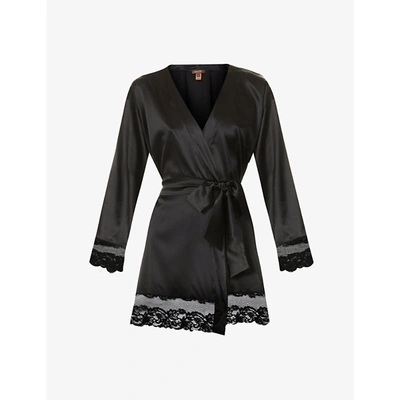 Shop Coco De Mer Seraphine Lace-trim Silk-blend Robe In Black