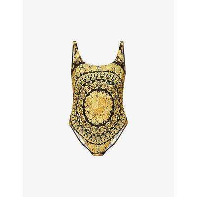 Shop Versace Barocco-print Scoop-neck Swimsuit In Gold Print