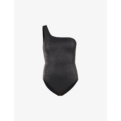 Shop Ganni Womens Black Glitter One-shoulder Stretch-woven Swimsuit 10