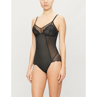 Shop Spanx Spotlight Lace-embroidered Stretch-woven Body In Very Black