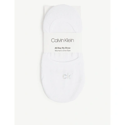 Shop Calvin Klein Crystal Logo-embellished Cotton-blend No-show Socks In 10 White