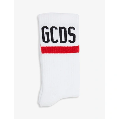 Shop Gcds Logo-embroidered Cotton-blend Socks In White 01