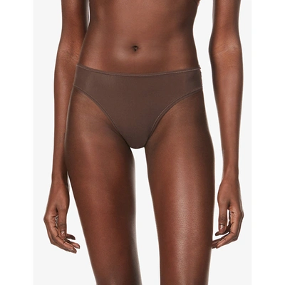 Shop Skims Fits Everybody Stretch-woven Thong In Cocoa