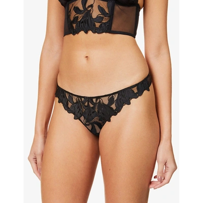 Shop Fleur Du Mal Lily Embroidered Low-rise Mesh Thong In Black