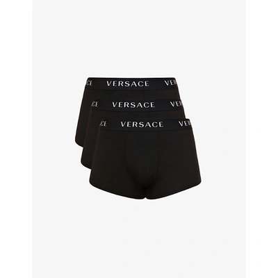 Shop Versace Branded-waistband Pack Of Three Stretch-cotton Trunks In Black