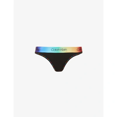 Shop Calvin Klein Womens Black Pride Modern Mid-rise Stretch-cotton Thong Xs