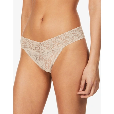 Hanky Panky Pack Of Three Original-rise Stretch-lace Thongs In Chai
