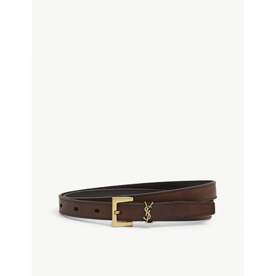 Shop Saint Laurent Women's Brown Logo-buckle Leather Belt