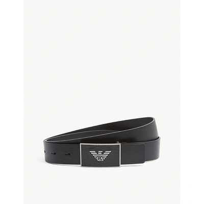 Shop Emporio Armani Eagle Buckle Leather Belt In Black