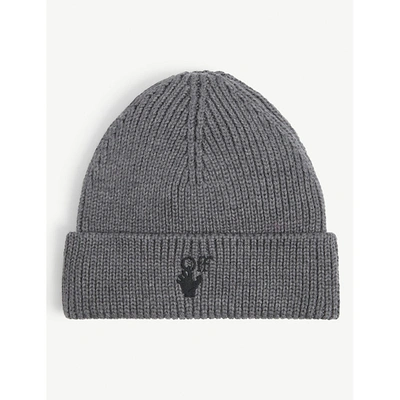 Shop Off-white Mens Grey Hand Off Logo-embroidered Wool Beanie Hat
