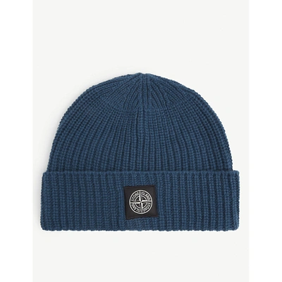 Shop Stone Island Mens Cobalt Blue Brand-patch Wool Beanie Hat