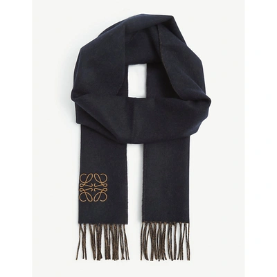 Shop Loewe Mens Navy/brown Anagram-pattern Fringed Wool And Cashmere-blend Scarf