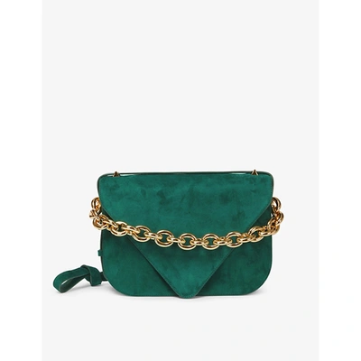 Shop Bottega Veneta Mount Medium Suede Shoulder Bag In Emerald Green-gold