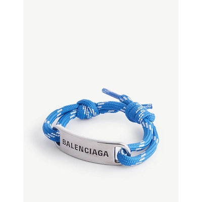 Shop Balenciaga Mens Blue White Ant Silv Logo-plaque Woven Cord Bracelet