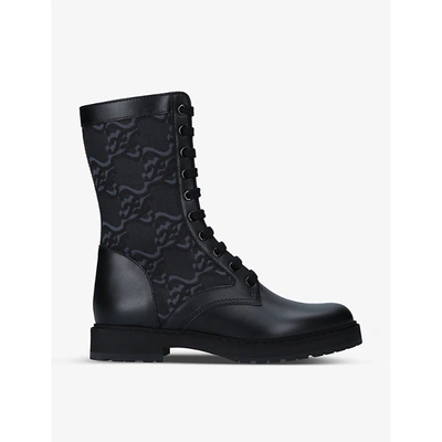 Shop Fendi Monogram Leather And Knitted Combat Boots In Black