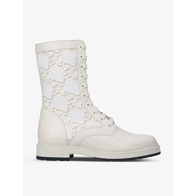 Shop Fendi Womens Cream Monogram Leather And Knitted Combat Boots 6