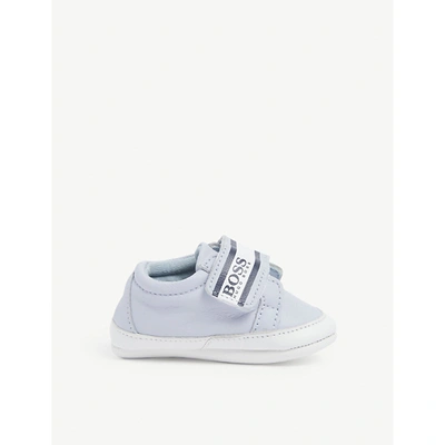 Shop Hugo Boss Pale Blue Logo-print Leather Shoes 1-18 Months 1