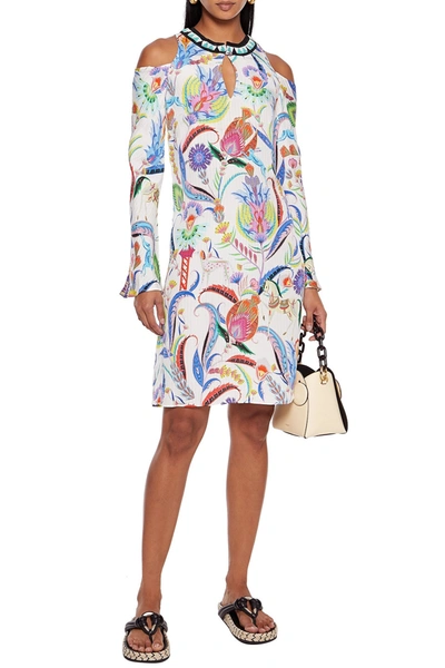 Shop Etro Cold-shoulder Embellished Printed Silk-blend Jacquard Dress In White