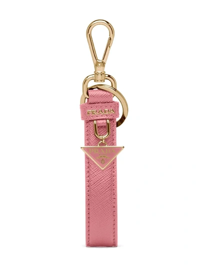 Shop Prada Triangle-logo Leather Keychain In Pink