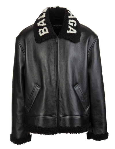 Balenciaga Logo Collar Leather Jacket With Genuine Shearling Lining In  Black | ModeSens
