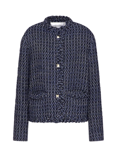 Shop Valentino V-pattern Tweed Jacket In Navy Grey