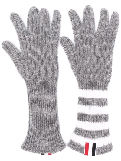 Shop Thom Browne Rwb Stripe-detail Ribbed-knit Cashmere Gloves In Grey