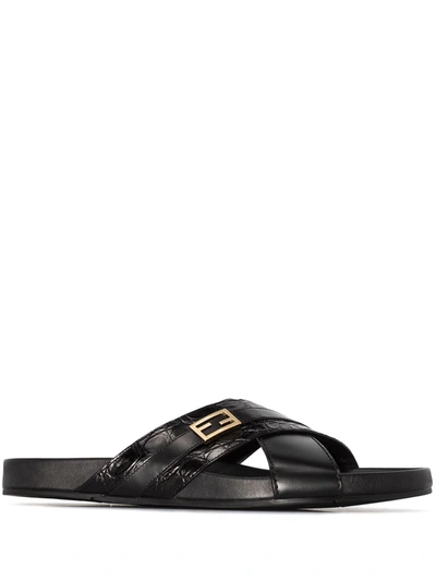 Shop Fendi Ff-plaque Leather Sandals In Black