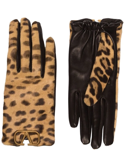Shop Valentino Vlogo Leopard Print Gloves In Brown