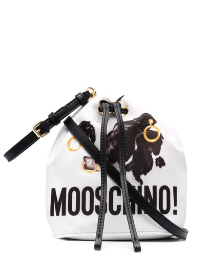 Shop Moschino Cow-print Bucket Bag In White