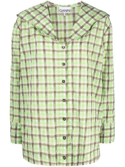 Shop Ganni Seersucker Check Oversized Collar Shirt In Green