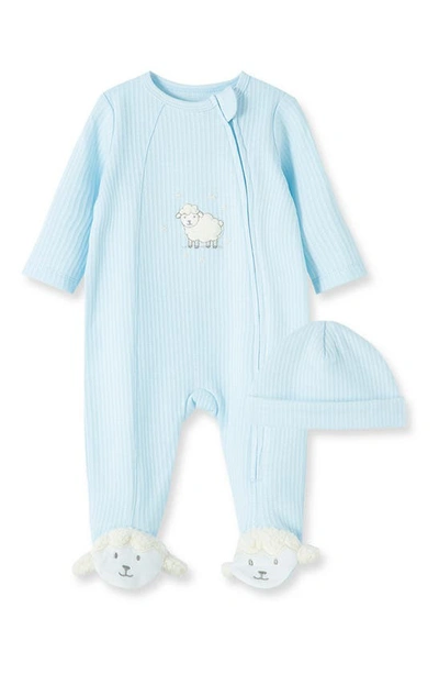 Shop Little Me Lamb Cotton Footie & Hat Set In Blue