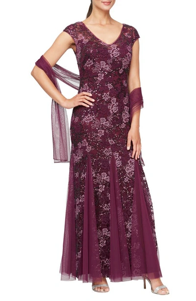 Shop Alex Evenings Sequin Embroidered Trumpet Gown In Plum