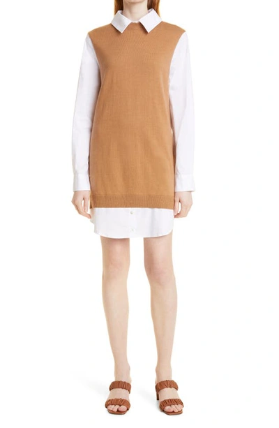 Shop Staud Fern Detachable Collar Long Sleeve Mixed Media Dress In Tan/ White