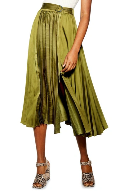Topshop Pleated Satin Midi Skirt In Olive | ModeSens