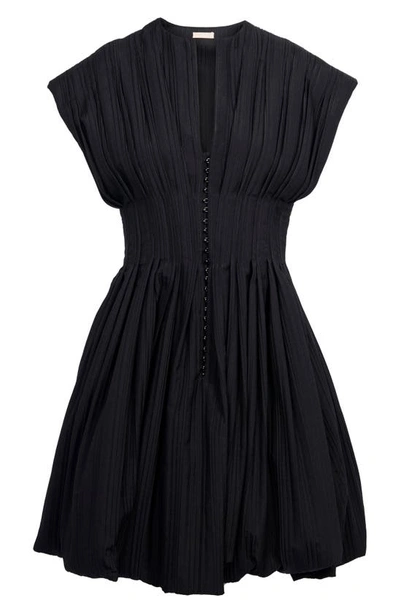 Shop Alaïa Pleated Cotton Blend Corset Fit & Flare Dress In Noir