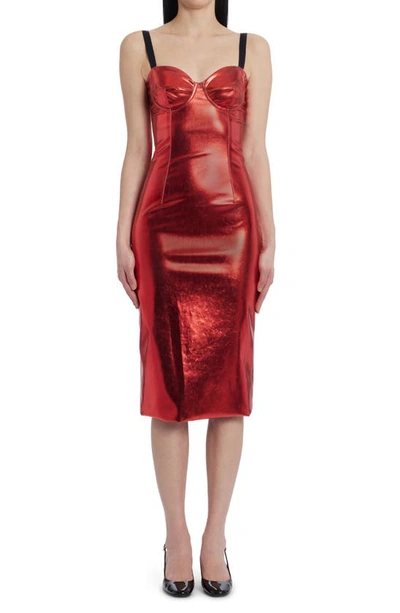 Shop Dolce & Gabbana Laminated Bustier Sheath Dress In Bright Red